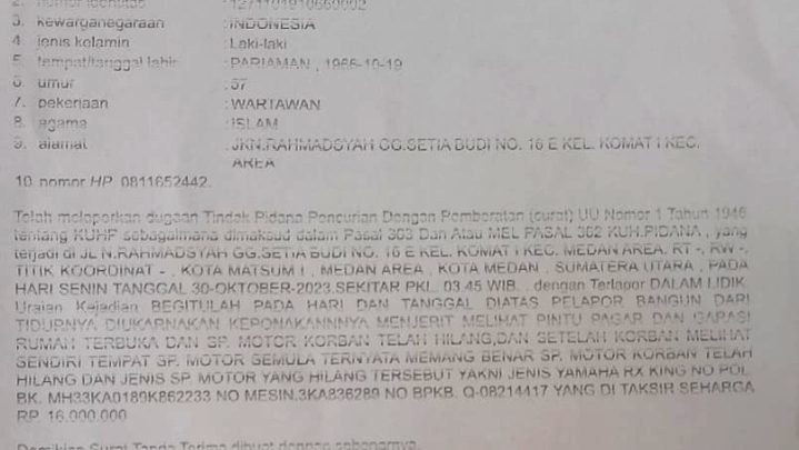 Rumah Dibobol Maling, Sepeda Motor Wakil Ketua PWI Sumut Raib