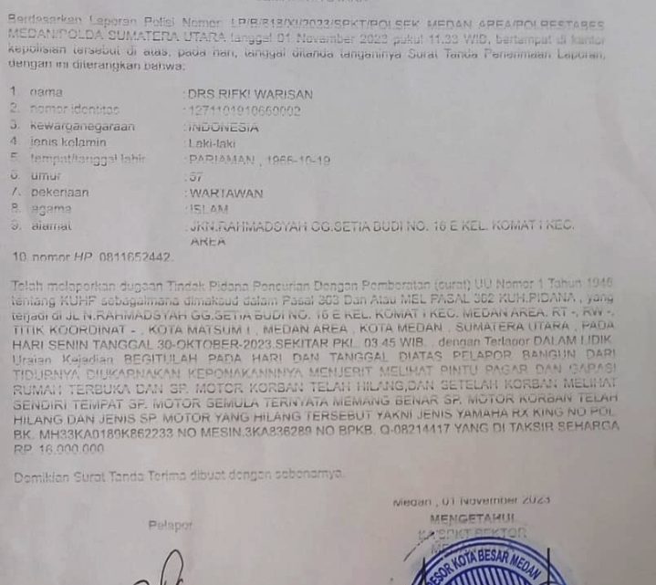 Rumah Dibobol Maling, Sepeda Motor Wakil Ketua PWI Sumut Raib